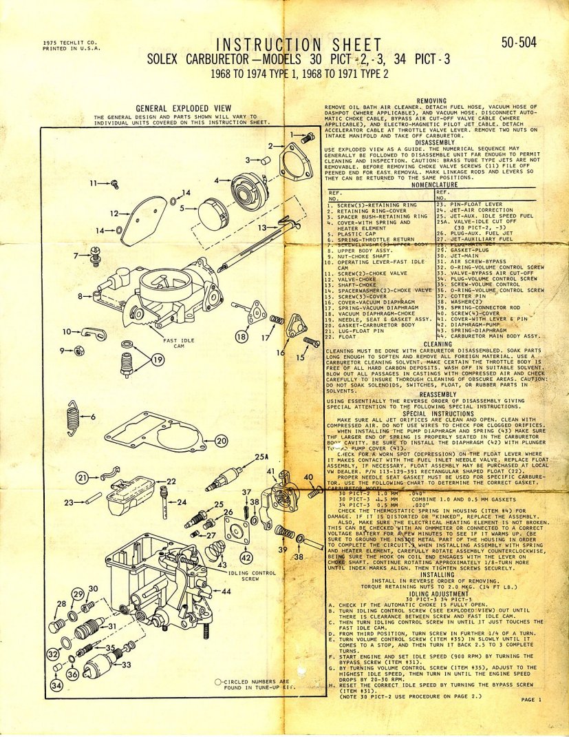 and Solex 30 PICT2 3 34 PICT3 rebuild instruction sheets