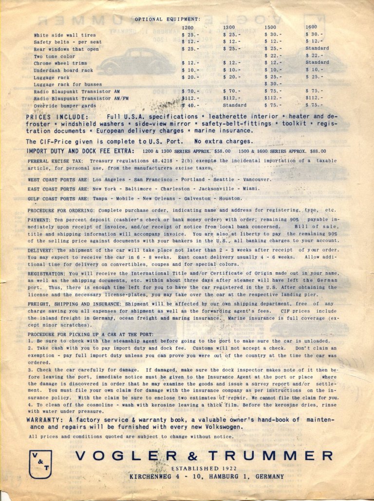 TheSamba.com :: VW Archives - 1966 VW Export Price List