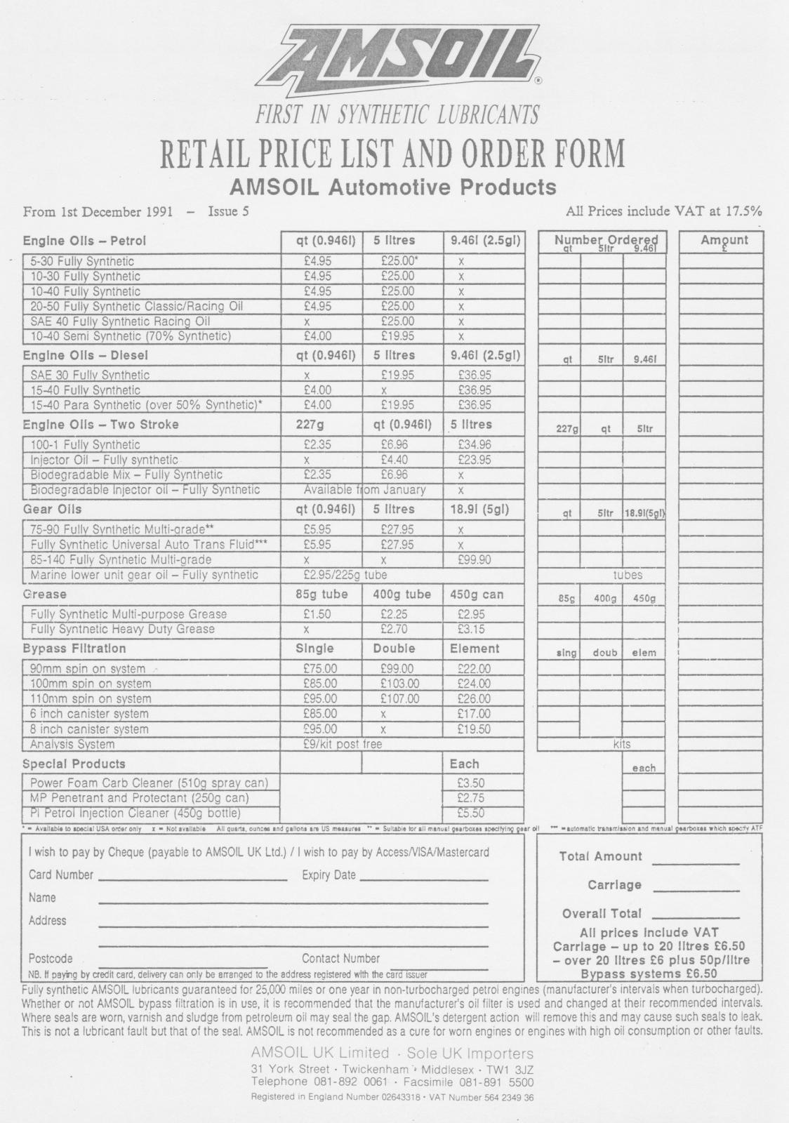 Gallery Amsoil products December 1991 price list