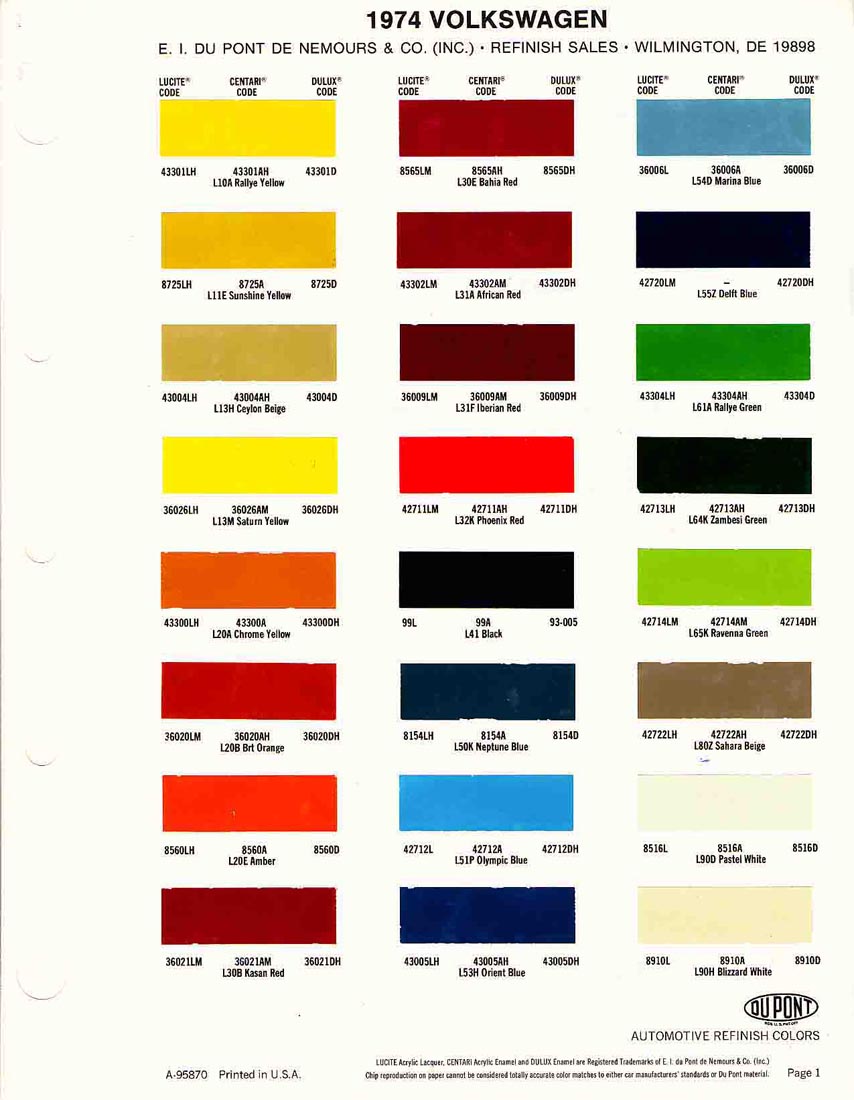 TheSamba Gallery 1974 VW Paint Codes From DuPont